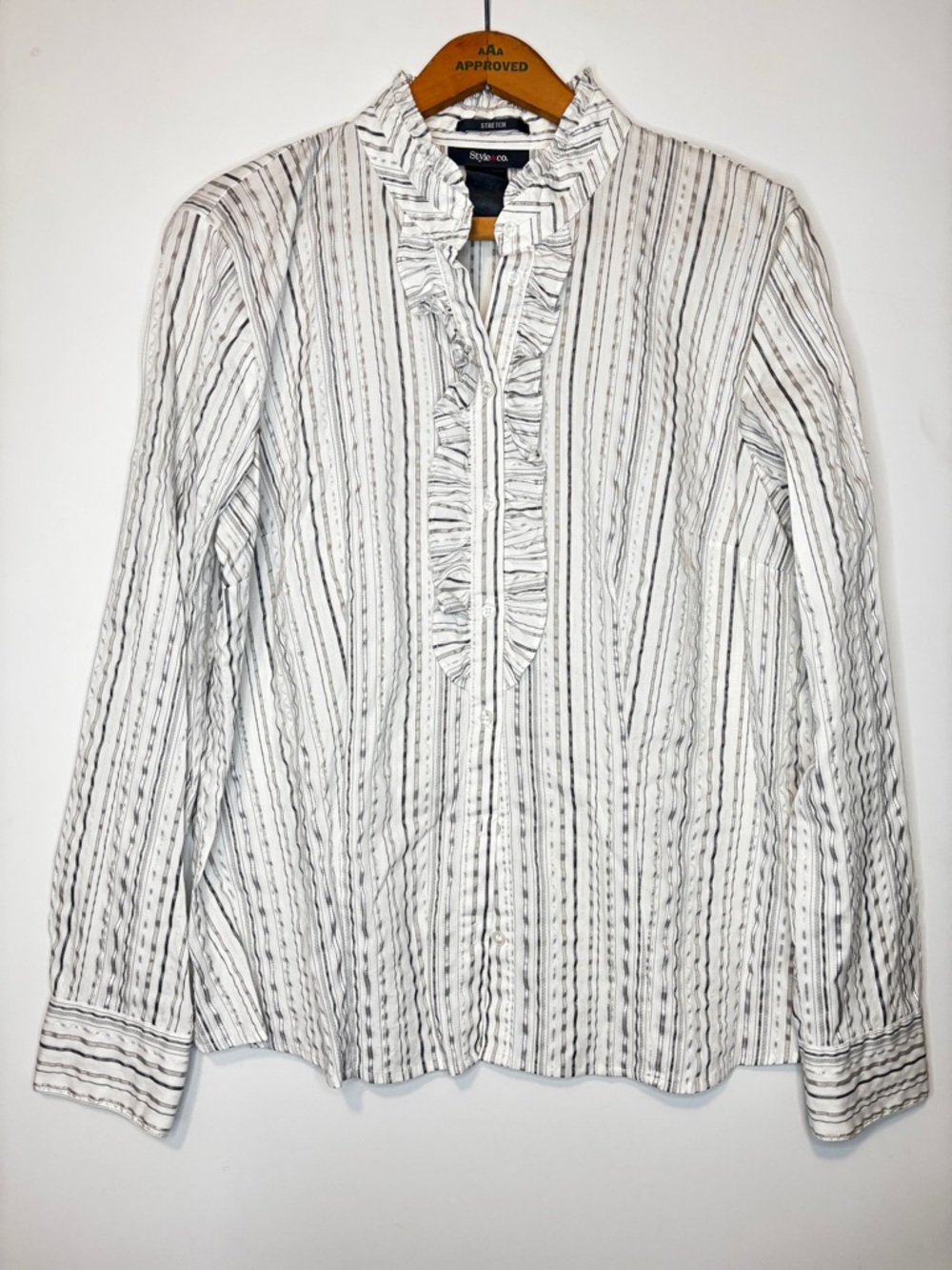 White, Silver, and Black Striped Ruffle Blouse from Style & Co. -14-